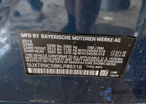 2019 BMW X3 xDrive30I z USA, uszkodzony, nr VIN 5UXTR9C58KLP89318